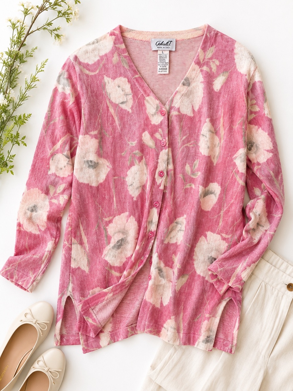 Gabriella T Italy Floral Linen Blend Cardigan Romantic Grandma Chic Pink L